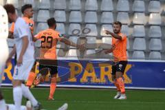 3.Liga - Saison 2023/2024 - SC Freiburg II - FC Ingolstadt 04 - Der 0:3 Führungstreffer durch Yannick Deichmann (Nr.20 - FCI) - jubel David Kopacz (Nr.29 - FCI) - Julian  Klügl (Nr.31 - FCI) -  - Foto: Meyer Jürgen