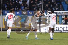 3. Liga; SV Waldhof Mannheim - FC Ingolstadt 04 - Tor Jubel Treffer Ausgleich 1:1, Pascal Testroet (37, FCI) Michael Udebuluzor (44, FCI) Marcel Costly (22, FCI)