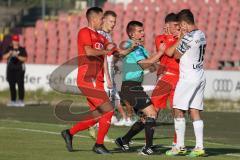 Bayernliga Süd - Saison 2022/2023 - FC Ingolstadt 04 -  TSV Dachau - Keidel Felix (Nr.6 - Fc Ingolstadt 04 II) - #Kelmendi Lirim weiss Dachau gehen sich an den Hals - Tumult - Schlägerei - raufen - Faustkampf - Schiri - Schiedsrichter - Gashi Egson (Nr.9 