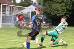 Kreisklasse - Saison 2025/26- SV Haunwöhr - FC Geisenfeld  - Tim Schirmer blau Haunwöhr - Simon Kirmaier grün Geisenfeld - Foto: Meyer Jürgen
