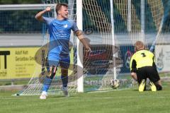 Kreisliga - Saison 2024/25- TSV Ober./Unterh.stadt - SV Hundszell-  -  Der 0:1 Führungstreffer durch Mathias Weinzierl blau Hundszell - jubel - Nils Stöver Torwart Oberh.stadt - Foto: Meyer Jürgen