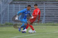 Bayernliga Süd - Saison 2022/2023 - FC Ingolstadt 04 - SV Erlbach - Arian Llugiqi rot FCI - Welder de Souza Lima Torwart Erlbach - Foto: Meyer Jürgen