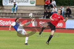 Kreisklasse -  Saison 2023/2024 - DJK Ingolstadt - FC Tegernbach - Daniel Gelbling blau DJK Ingolstadt - Korbinian Lörz rot Tegernbach - Foto: Meyer Jürgen