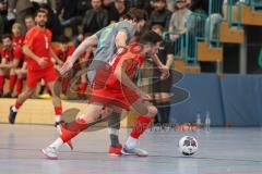 Lotto - Hallen - Bayerncup - Oberbayern -  Saison 2022/2023  - FC Fatih Ing - TSV Murnau - 2:1 - Baris Soysa #20 rot Fatih - Manuel Pratz #7 grau Murnau - Foto: Meyer Jürgen