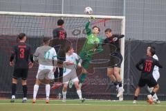 *** Bayernliga Nord - Saison 2025/26 - FC Ingolstadt 04 II - TSV Neudrossenfeld - Berkay Oztürk (Nr.14 - FC Ingolstadt II) - Torwart Raphael Eßlinger (Nr.12 - FC Ingolstadt II) - Foto: Meyer Jürgen