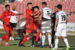 Bayernliga Süd - Saison 2022/2023 - FC Ingolstadt 04 -  TSV Dachau - Keidel Felix (Nr.6 - Fc Ingolstadt 04 II) - #Kelmendi Lirim weiss Dachau gehen sich an den Hals - Tumult - Schlägerei - raufen - Faustkampf - Schiri - Schiedsrichter - Gashi Egson (Nr.9 