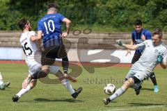 Kreisliga - Saison 2022/2023 - DJK Ingolstadt - SV Sandersdorf - Philipp Roeckl Torwart DJK Ing - Max Auernhammer weiss DJK Ing - Patrick Mack blau Sandersdorf. -Foto: Meyer Jürgen