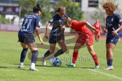 DFB - Pokal Frauen 1. Runde - Saison 2023/2024 - FC Ingolstadt 04 - FC Carl Zeiss Jena - Sarah Schauer (Nr.18 - FCI Frauen) - Bonsu Josephine rechts blau Jena - Metzner Anika blau links Jena #21 - Foto: Meyer Jürgen