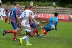 Kreisklasse - DJK Ingolstadt - TV 1911 Vohburg - Amon Manuel #9 weiß DJK Ingolstadt mit dem 1:1 Anschlusstreffer - Limmer Christian #8 blau Vohburg - Kern Manuel #1 Torwart Vohburg - Foto: Jürgen Meyer