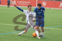 AUDI - Schanzer Amateur Cup - Halbfinale 1 - Saison 2024/25 - FC Mindelstetten - SV Menning - Moritz Liedl weiss Mindelstetten - Noah Kamenjasevic blau Menning - Foto: Meyer Jürgen