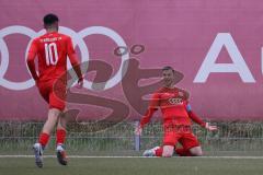 Bayernliga Süd - Saison 2022/2023 - FC Ingolstadt 04 - SV Kirchanschöring - Der 2:0 Führugstreffer durch Michael Senger (Nr.21 - FCI II) - jubel - Ishak Karaogul (Nr.10 - FCI II) - Foto: Meyer Jürgen