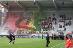 3.Liga - Saison 2022/2023 - Erzgebirge Aue - FC Ingolstadt 04 - Bengalisches Feuer - mitgereiste Fans - choreo - banner - feuer -  - Foto: Meyer Jürgen