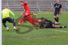 Bayernliga Süd - Saison 2021/2022 - FC Ingolstadt 04 II - TürkAugsburg - Meikis Fabio (#19 FCI) mit einer Torchance - Leon Musial Torwart Augsburg - Rausch Thomas (#18 FCI) - Foto: Meyer Jürgen