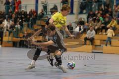 Lotto Bayern Hallencup - Saison 2024/25 - FC Hitzhofen/Oberzell - TSV Ober./Unterhaunstadt- Maximilian Eichlinger gelb Hitzhofen  - Fabio Udella grau Ober/Unterhaunstadt - Foto: Meyer Jürgen