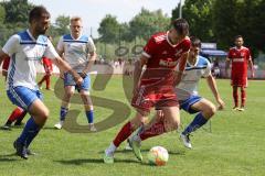 Relegation - Saison 2022/2023 - TSV Baar/Ebenhausen - TV Münchsmünster - Arthur Reimer rot Ebenhausen - Andreas Müller weiss Münchsmünster rechts - Enrico Reindl weiss Münchsmünster links - Foto: Meyer Jürgen