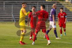 Bayernliga Süd - Saison 2021/2022 - FC Ingolstadt 04 II - Schwaben Augsburg - Markus Ponath Torwart (#1 FCI) pariert einen Elfmeter von Marco Luburic Augsburg - Abklatschen mit seinem Mitspieler Cavadias Fabian (#5 FCI) - Foto: Meyer Jürgen