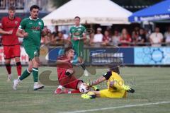 * Testspiel - 3. Liga - Saison 2025/26 - FC Ingolstadt 04 - VFB Eichstätt - Deniz Zeitler (Nr.38 - FC Ingolstadt 04) - Daniel Spies (Nr.4 - VFB Eichstätt) - Torwart Felix Junghans (Nr.1 - VFB Eichstätt) - Foto: Meyer Jürgen