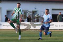 Landesliga - Saison 2025/26 - SV Manching - SV Cosmos Aystetten - Marcel Posselt (Nr.12 - SV Manching) - Kevin Mokowski blau Aystetten - Foto: Meyer Jürgen