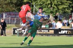 Freundschaftsspiel - Saison 2023/2024 - SV Manching - FC Ingolstadt 04 - Michael Udebuluzor (Nr.24 - FCI U21) - Torwart Sebastian Stegert (Nr.1 - SV Manching) - Joahnnes Dexl (Nr.13 - SV Manching) -  - Foto: Meyer Jürgen