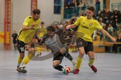 Lotto Bayern Hallencup - Saison 2024/25 - FC Hitzhofen/Oberzell - TSV Ober./Unterhaunstadt- Maik Wnendt gelb Hitzhofen  - Tobias Dietze gelb Hitzhofen  rechts - Baran Cakir grau Ober/Unterhaunstadt - Foto: Meyer Jürgen