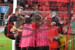 Toto-Pokal - Saison 2023/2024 - FC Ingolstadt 04 - Jahn Regensburg - Elfmeterschießen gewonnen - jubel - freude - Torwart Marius  Funk (Nr.1 - FCI) hält den Elfmeter und wird zum Matchwinner - Daouda Beleme (Nr.9 - FCI) - Foto: Meyer Jürgen