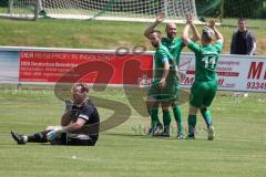 Kreisliga 1 - SV Manching II - TSV Hohenwart - Der 3:1 Führungstreffer durch Christopher Haas grün Manching - jubel - Tobias Lang #8 Manching - Alexander Zielinski #11 Manching - Maximilian Ziegler Torwart Hohenwart - Foto: Jürgen Meyer