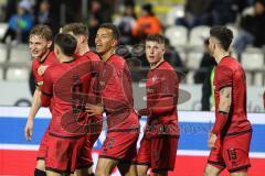 3. Liga; SSV Ulm - FC Ingolstadt 04; Tor Jubel Treffer Jasper Maljojoki (23, FCI) mit Emre Gül (5, FCI) Marcel Costly (22, FCI) Gustav Christensen (24, FCI) Simon Lorenz (32, FCI) Linus Rosenlöcher (19, FCI)