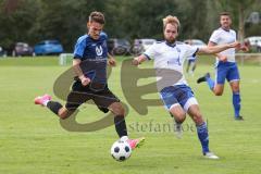 Kreisliga - Saison 2023/2024 - SV Menning - FC Mindelstetten - Simon Wolfsfellner blau Menning schiesst den 1:0 Führungstreffer - jubel - - Jonas Schoberer weiss Mindelstetten - Foto: Meyer Jürgen