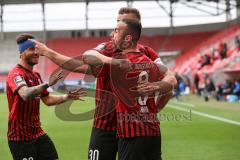 Relegation 1 - FC Ingolstadt 04 - VfL Osnabrück - Fatih Kaya (9, FCI) Tor 2:0 Jubel Stefan Kutschke (30, FCI) mit Robin Krauße (23, FCI) zeigt zu Flankengeber Filip Bilbija (35, FCI)