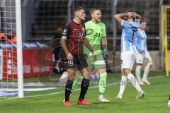 3. Liga; TSV 1860 München - FC Ingolstadt 04; Torchance für Schröter Morris (17 TSV), Torwart Marius Funk (1, FCI) schreit zu den Mitspielern, Mladen Cvjetinovic (19, FCI)