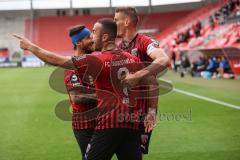 Relegation 1 - FC Ingolstadt 04 - VfL Osnabrück - Fatih Kaya (9, FCI) Tor 2:0 Jubel Stefan Kutschke (30, FCI) mit Robin Krauße (23, FCI) zeigt zu Flankengeber Filip Bilbija (35, FCI)