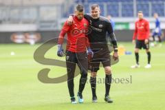 3. Liga - MSV Duisburg - FC Ingolstadt 04 - Torwarttrainer Alexander Kunze (FCI) mit Torwart Fabijan Buntic (24, FCI) nach dem Warmup