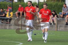 Toto Pokal - Saison 2022/2023 - SpVgg Heßdorf - FC Ingolstadt 04 - Die Spieler vertreten das Spielfeld zum warm machen - Pascal Testroet (Nr.37 - FCI) - Denis Linsenmayer (Nr.23 - FCI) - Foto: Meyer Jürgen