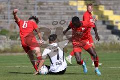 Bayernliga Nord - Saison 2023/2024 - FC Ingolstadt 04 - FC Coburg - Valentin Hoti (Nr.6 - FCI U21) - Aykut Civelek weiss Coburg - Mussa Fofanah rot FCI rechts - Foto: Meyer Jürgen