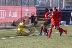 A - Junioren Bundesliga Süd/Südwest -  Saison 2021/2022 - FC Ingolstadt 04 - FC Bayern München - Wenig Marcel #8 schwarz München mit einer Torchance - Bock Julian Torwart (#33 FCI) - Nduka Donald (#4 FCI) - Riedl Fabio (#18 FCI) - Foto: Meyer Jürgen