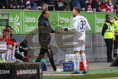 2.BL; Fortuna Düsseldorf - FC Ingolstadt 04; Anweisungen Cheftrainer Rüdiger Rehm (FCI) zu Patrick Schmidt (32, FCI)