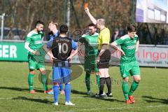 Landesliga 2015/16 - FC Gerolfing - SV Planegg - Krailing - Adrian Robinson #4 blau wird gefoult von Maximilian Demmer #4 blau und bekommt die rote Karte - Foto: Jürgen Meyer