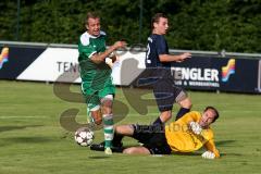 Landesliga Süd-Ost - FC Gerolfing - SV Manching - Ihring Florian #15 grün FC Gerolfing mit der Chance zum 1:0 Führungstreffer - Geisler Thomas Torwart SV Manching - Frank Thomas #2 blau SV Manching - Foto: Jürgen Meyer