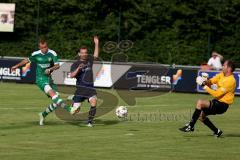 Landesliga Süd-Ost - FC Gerolfing - SV Manching - Ihring Florian #15 grün FC Gerolfing mit der Chance zum 1:0 Führungstreffer - Geisler Thomas Torwart SV Manching - Frank Thomas #2 blau SV Manching - Foto: Jürgen Meyer