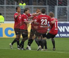 3.Liga - FC Ingolstadt 04 - 1.FC Heidenheim - Moritz Hartmann köpft zum 1:0. Torwart Denis Baum chancenlos. Jubel