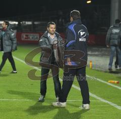 3.Liga - FC Ingolstadt 04 - Hansa Rostock - 1. Relegation - Die Trainer geben sich die Hand. Michael Wiesinger