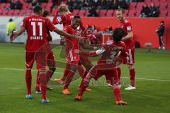 2. BL - Saison 2013/2014 - FC Ingolstadt 04 - VfL Bochum - Torwart Andreas Luthe pariert den Elfmeter von Philipp Hofmann (28), der im Nachschub das 1:0 Tor erzielt, Jubel, Roger de Oliveira Bernardo (8) und Almog Cohen (36) tanzen