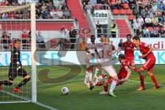 2. BL - FC Ingolstadt 04 - 1. FC Köln - 2014 - Moritz Hartmann (9) kommt im Gedränge zum Schuß, Tor für IN 1:0 Jubel, Torwart Timo Horn hat keine Chance