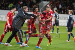2. BL 2014 - FC Ingolstadt 04 - 1860 München - 2:0 - gerade eingewechselt Collin Quaner (11) und erzielt das 2:0 für Ingolstadt Tor Jubel Karl-Heinz Lappe (25) und Cheftrainer Ralph Hasenhüttl und Caiuby Francisco da Silva (31)