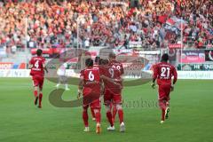 2. BL - FC Ingolstadt 04 - 1. FC Köln - 2014 - Moritz Hartmann (9) kommt im Gedränge zum Schuß, Tor für IN 1:0 Jubel, Torwart Timo Horn hat keine Chance
