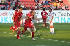 2. BL - FC Ingolstadt 04 - 1. FC Köln - 2014 - Moritz Hartmann (9) kommt im Gedränge zum Schuß, Tor für IN 1:0 Jubel, Torwart Timo Horn hat keine Chance, jubelt Andre Mijatović (4)