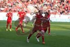 2. BL - FC Ingolstadt 04 - 1. FC Köln - 2014 - Moritz Hartmann (9) kommt im Gedränge zum Schuß, Tor für IN 1:0 Jubel, Torwart Timo Horn hat keine Chance, jubelt Andreas Buchner (16)