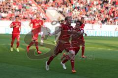 2. BL - FC Ingolstadt 04 - 1. FC Köln - 2014 - Moritz Hartmann (9) kommt im Gedränge zum Schuß, Tor für IN 1:0 Jubel, Torwart Timo Horn hat keine Chance, jubelt Andreas Buchner (16)