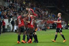 2. Bundesliga - Fußball - FC Ingolstadt 04 - 1. FC Nürnberg - Tor 1:0 für Ingolstadt Jubel Lukas Hinterseer (16, FCI) , Roger de Oliveira Bernardo (8, FCI) Moritz Hartmann (9, FCI), oben Danilo Soares Teodoro (15, FCI) und rechts Tobias Levels (28, FCI)