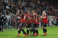 2. Bundesliga - Fußball - FC Ingolstadt 04 - 1. FC Nürnberg - Tor 1:0 für Ingolstadt Jubel Lukas Hinterseer (16, FCI) , Roger de Oliveira Bernardo (8, FCI) Moritz Hartmann (9, FCI), oben Danilo Soares Teodoro (15, FCI) und rechts Tobias Levels (28, FCI)